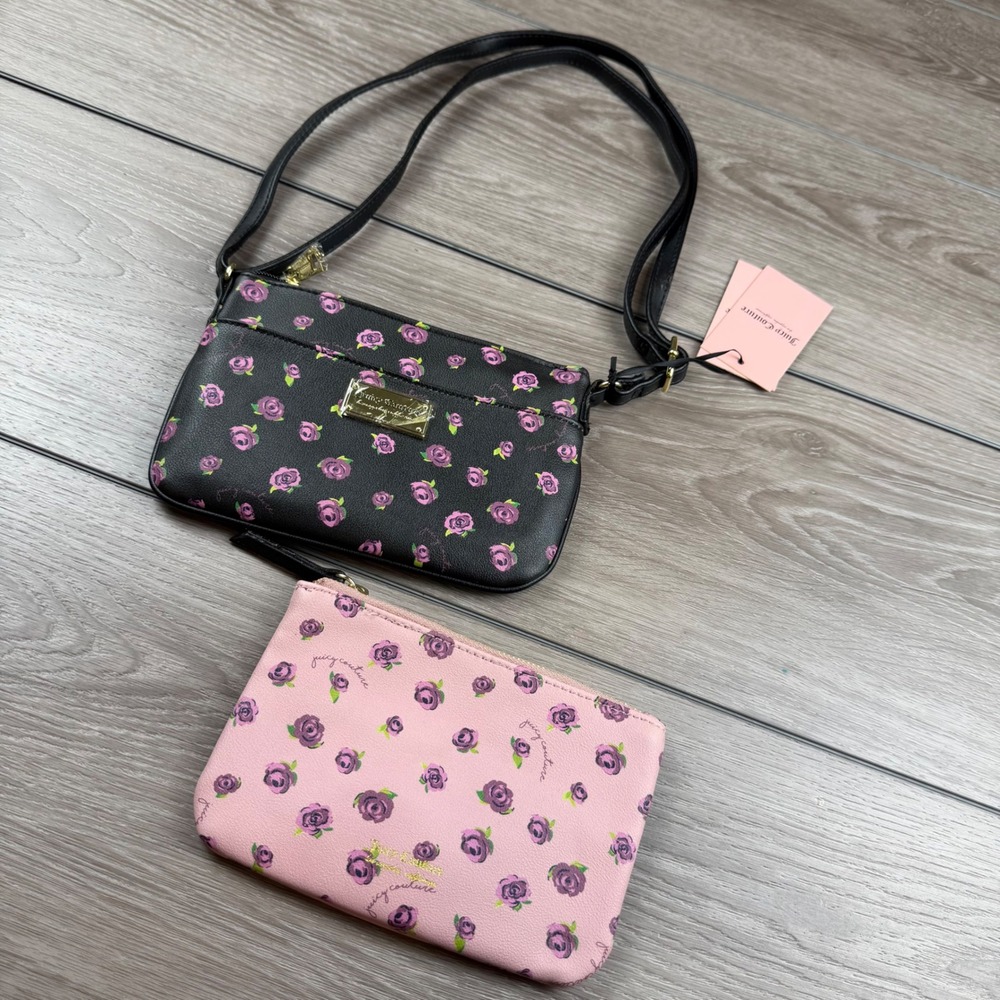 Juicy Couture Womens Crossbody Bag Floral Pouch Set Black Pink OS